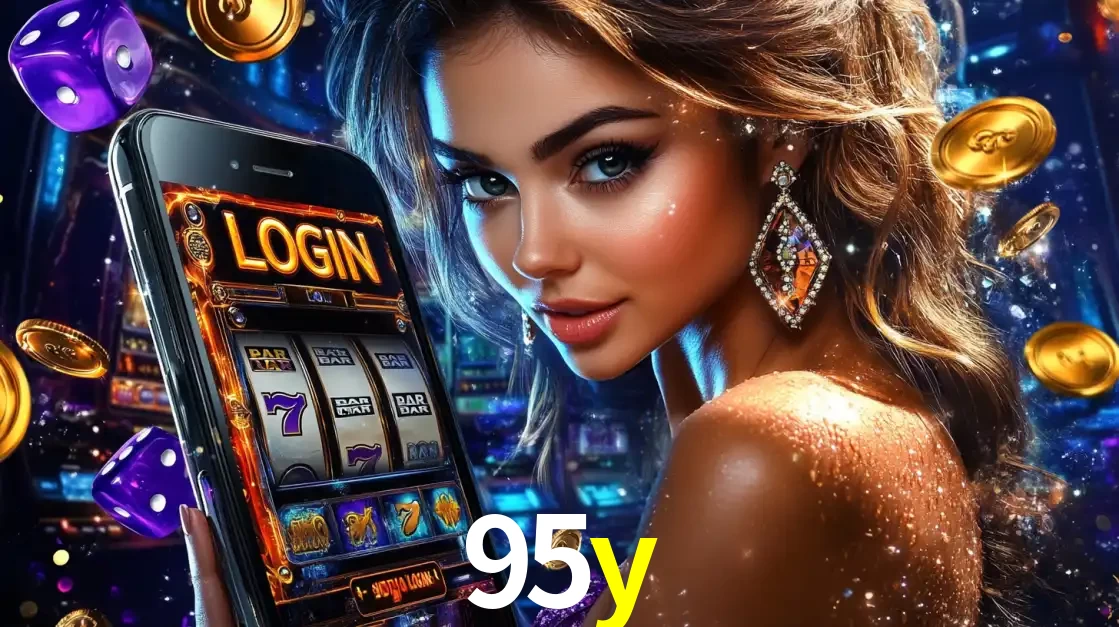 Mulher glamorosa segurando um smartphone com a tela de login para os jogos de caça-níqueis do cassino online 95y, com moedas de ouro e dados ao redor.
