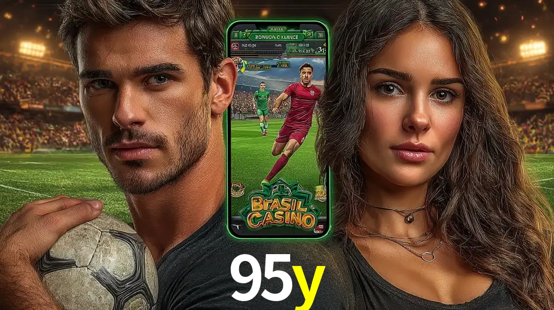 Homem segurando uma bola de futebol e uma mulher ao lado de um smartphone exibindo o jogo de apostas esportivas da 95y. Faça seu palpite no cassino online.